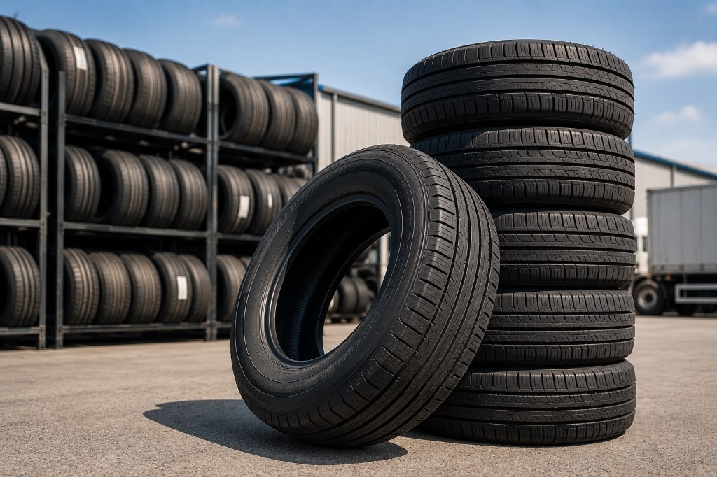 Commercial tyres stacked at warehouse yard